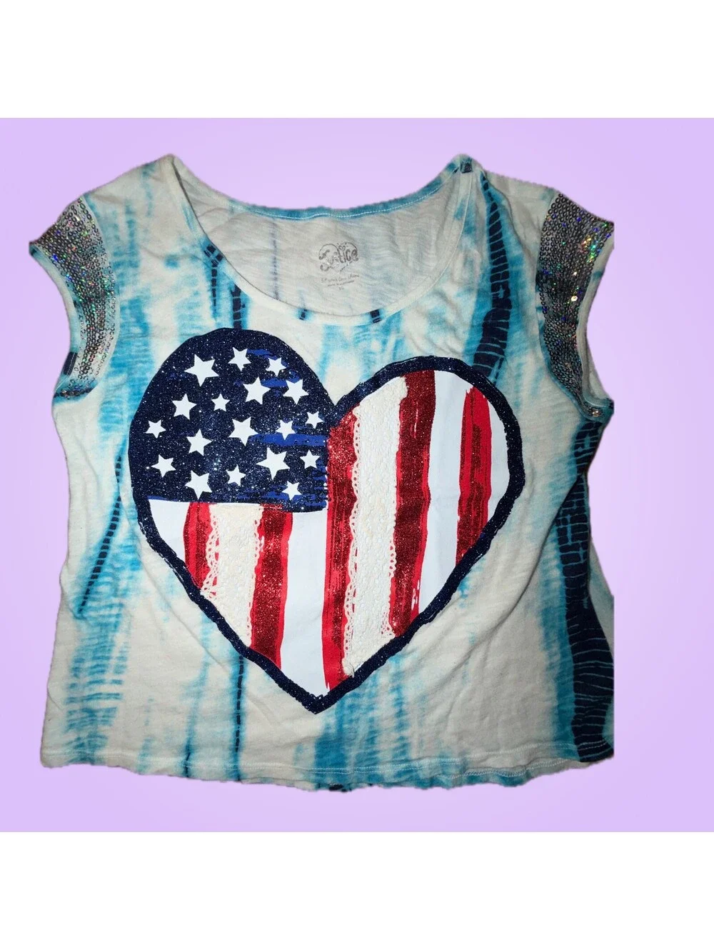 Justice Girls Size 16 Blue Tie-Dye American Flag Heart Sequin Top